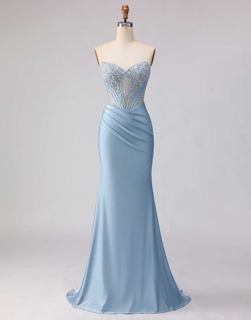 Sparkly Sky Blue Mermaid Beaded Strapless Satin Long Corset Prom Dress