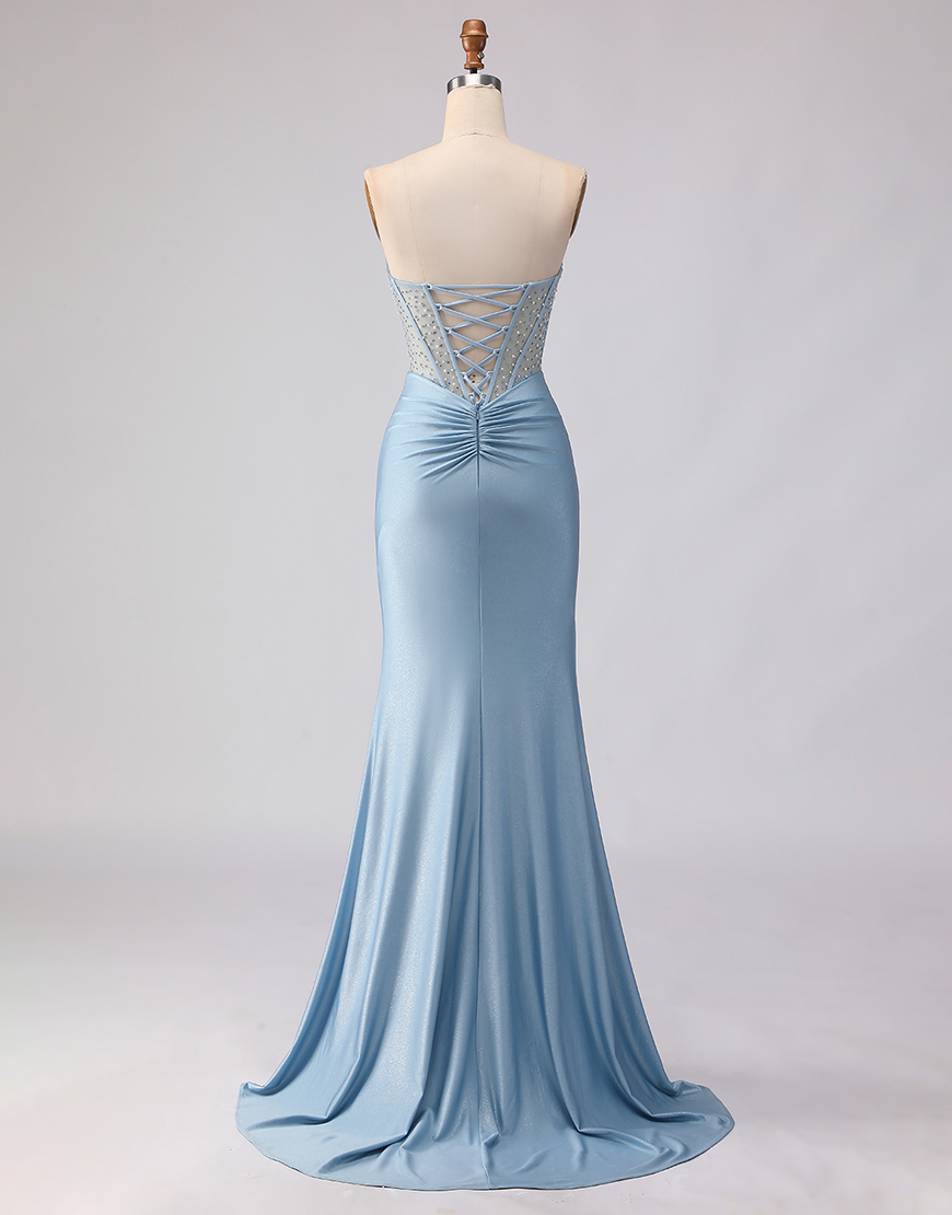 Sparkly Sky Blue Mermaid Beaded Strapless Satin Long Corset Prom Dress