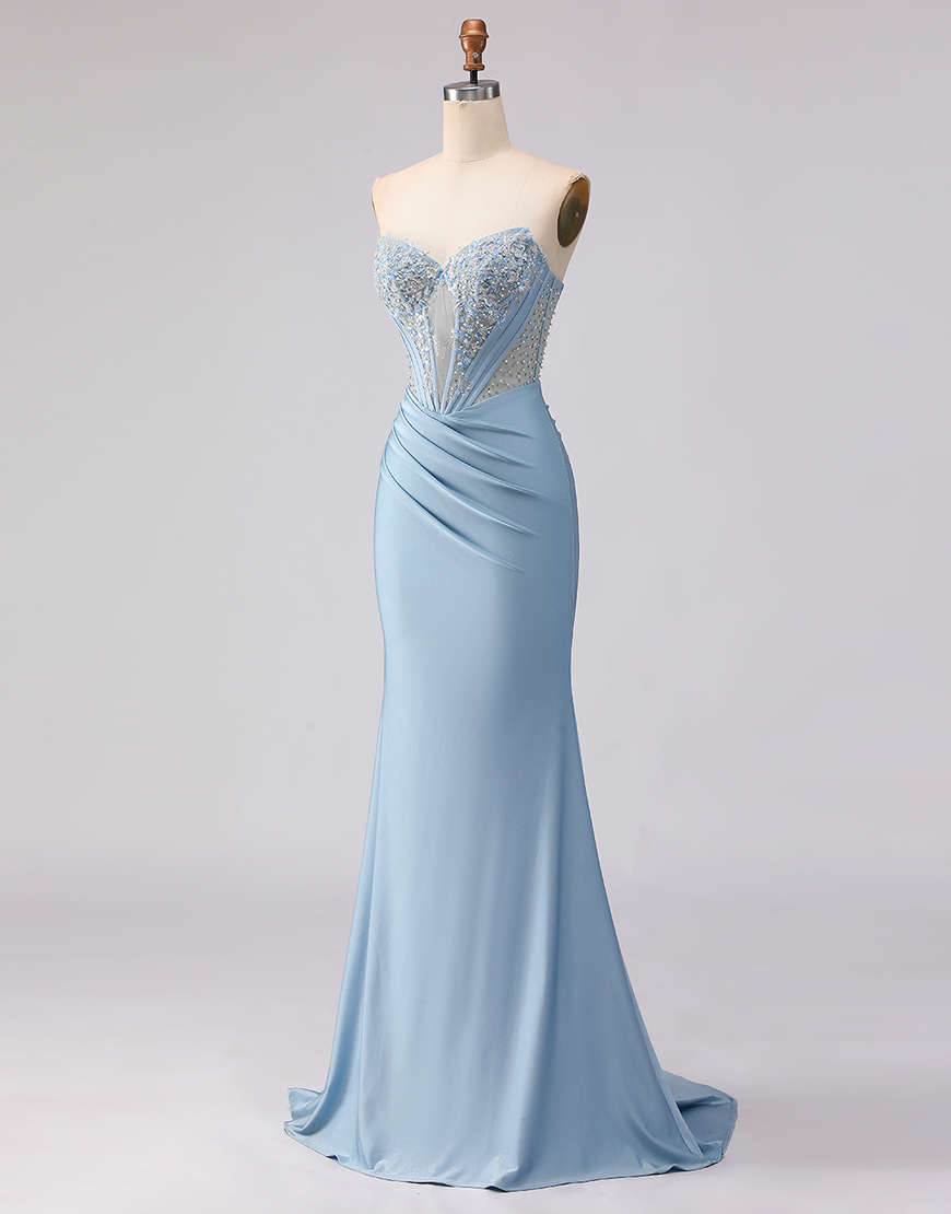 Sparkly Sky Blue Mermaid Beaded Strapless Satin Long Corset Prom Dress