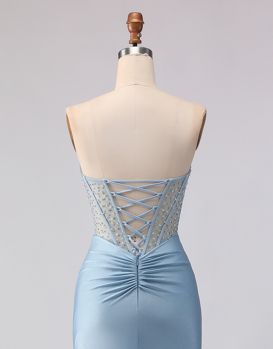 Sparkly Sky Blue Mermaid Beaded Strapless Satin Long Corset Prom Dress