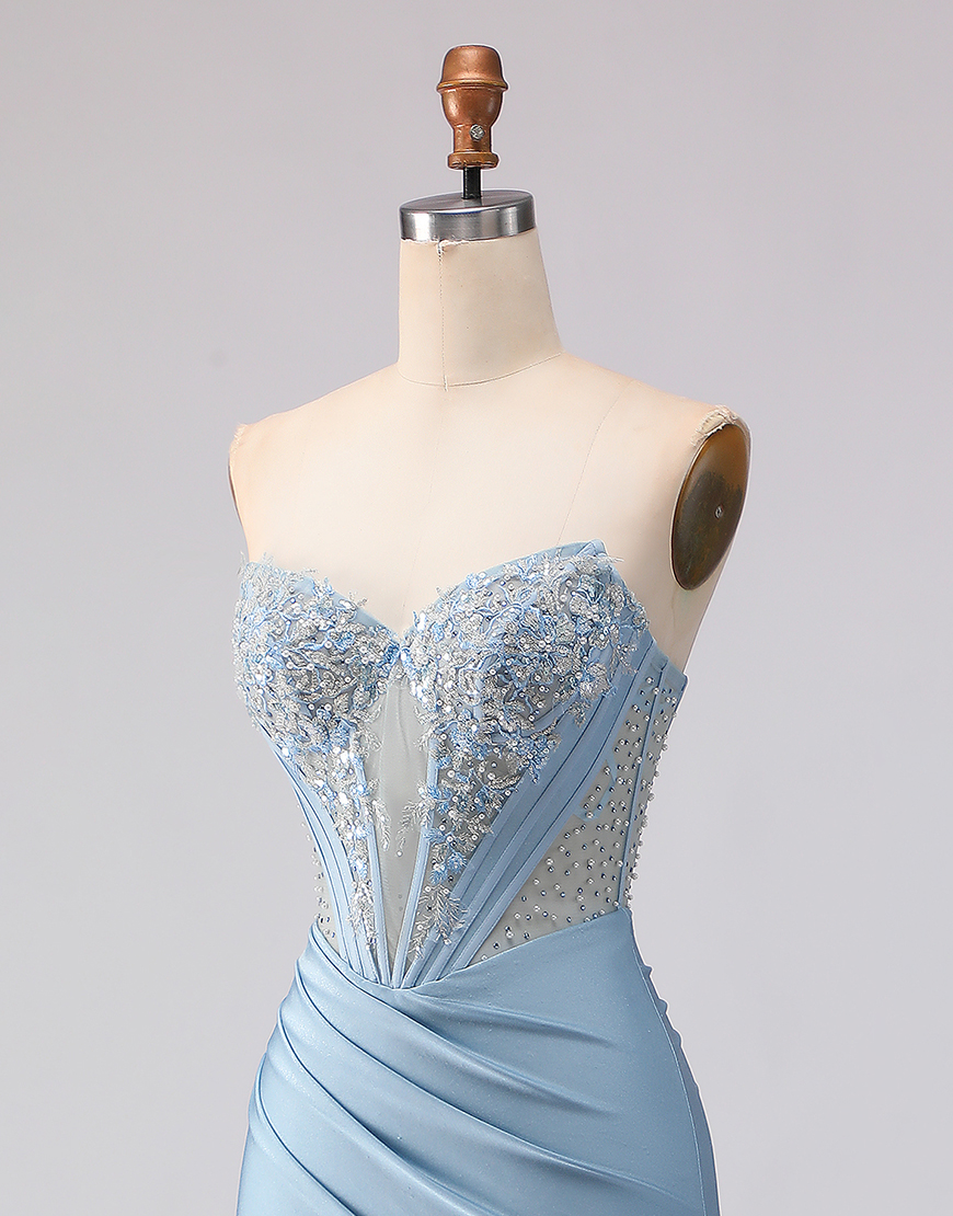 Sparkly Sky Blue Mermaid Beaded Strapless Satin Long Corset Prom Dress