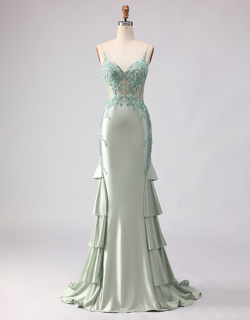 Berlinnova Women Sparkly Light Green Mermaid Floral Long Corset Prom Dress with Ruffles Beaded Satin Spaghetti Straps Lace Up Back Pageant Dress