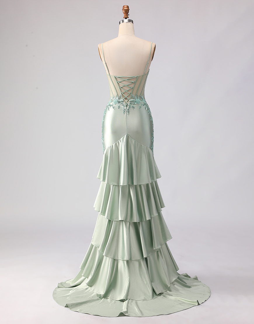 Sparkly Light Green Mermaid Floral Beaded Long Corset Prom Dress with Ruffles