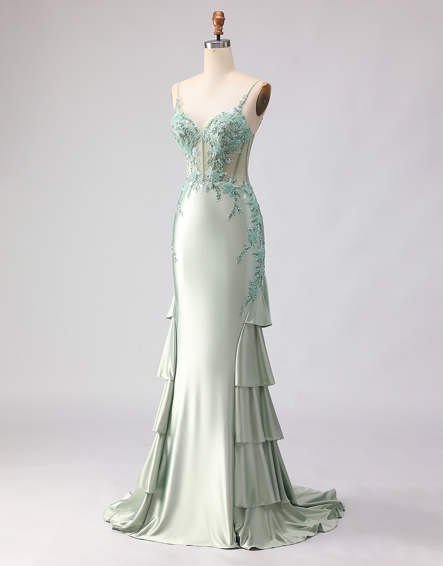 Sparkly Light Green Mermaid Floral Beaded Long Corset Prom Dress with Ruffles