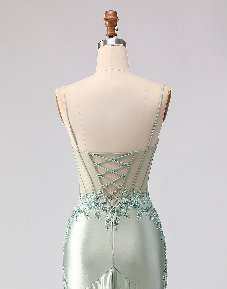 Sparkly Light Green Mermaid Floral Beaded Long Corset Prom Dress with Ruffles