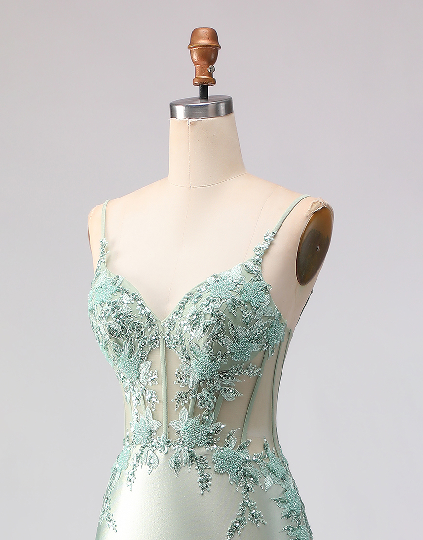 Sparkly Light Green Mermaid Floral Beaded Long Corset Prom Dress with Ruffles