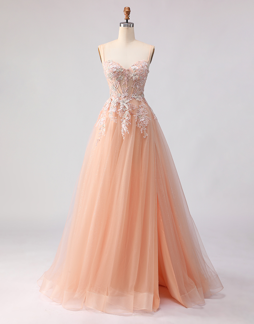 Sparkly Peach Floral A Line Tulle Long Corset Prom Dress with Beading