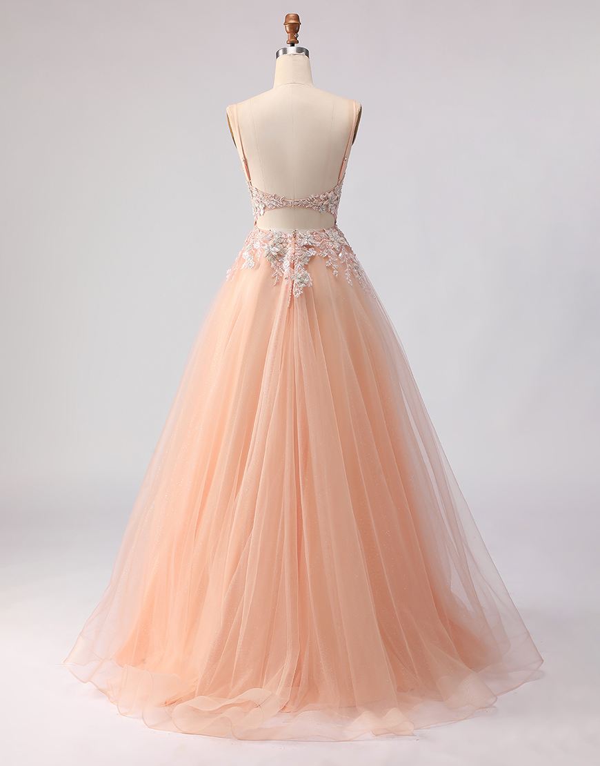 Sparkly Peach Floral A Line Tulle Long Corset Prom Dress with Beading