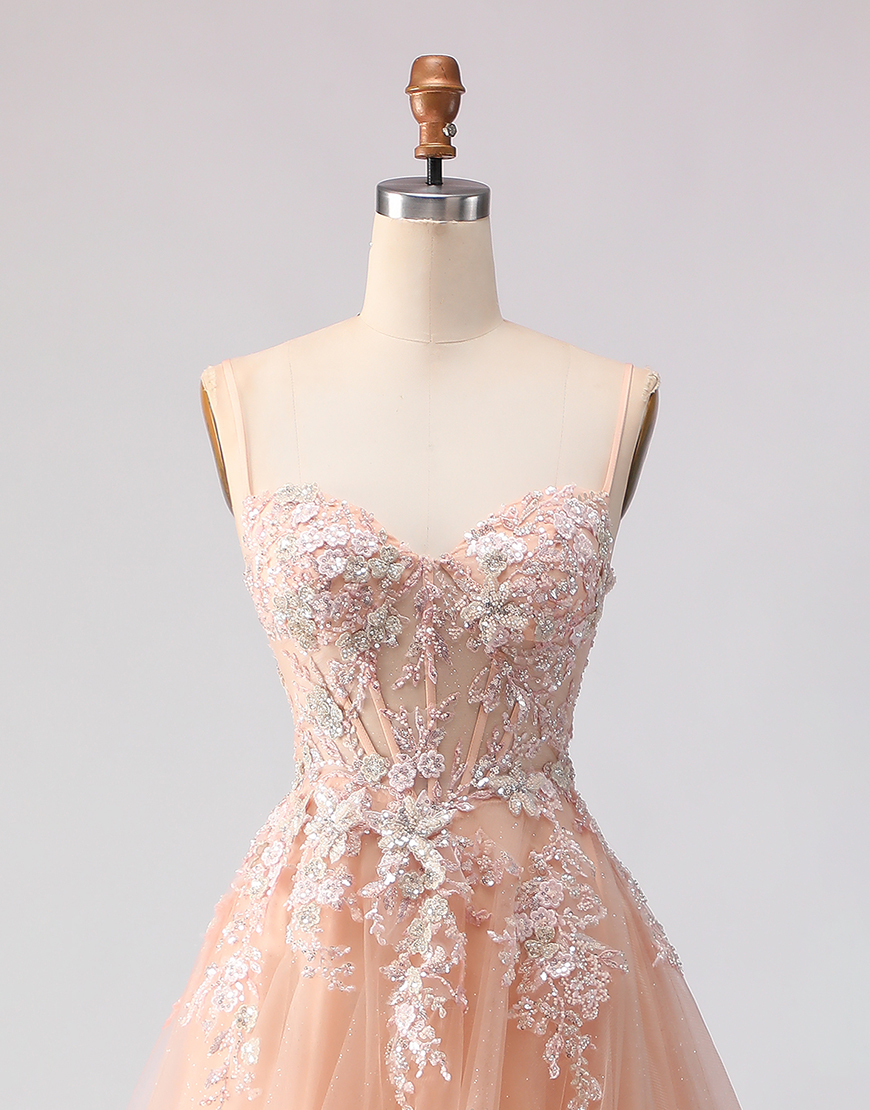 Sparkly Peach Floral A Line Tulle Long Corset Prom Dress with Beading