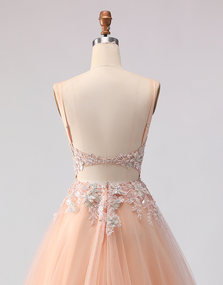 Sparkly Peach Floral A Line Tulle Long Corset Prom Dress with Beading
