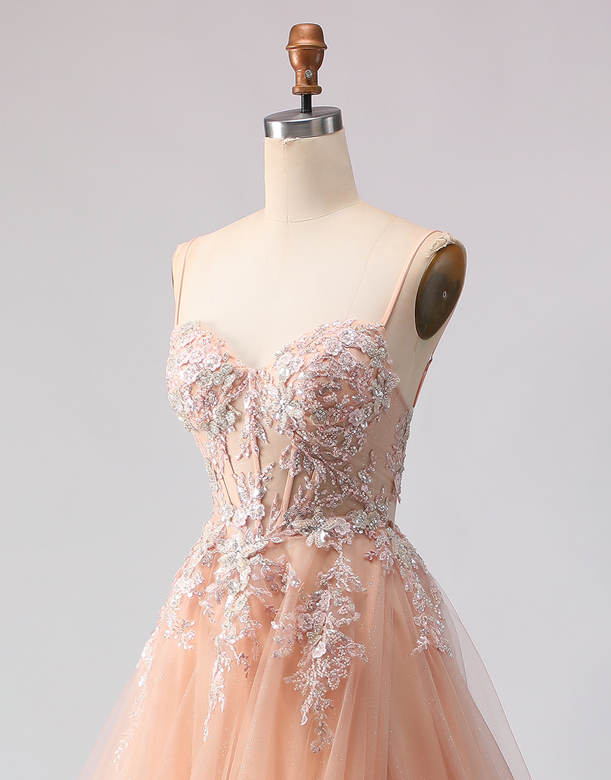 Sparkly Peach Floral A Line Tulle Long Corset Prom Dress with Beading