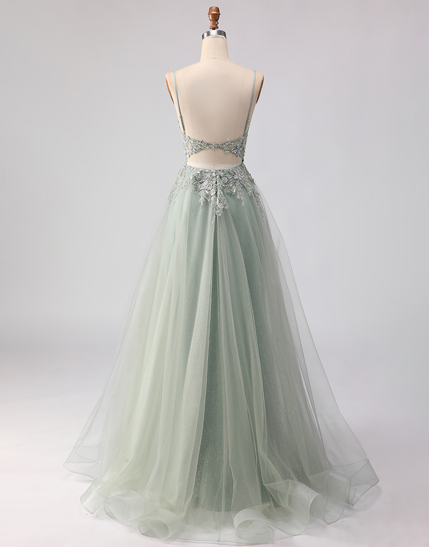 Sparkly Sage Green Tulle Floral Lace Beaded Long Corset Prom Dress with Slit
