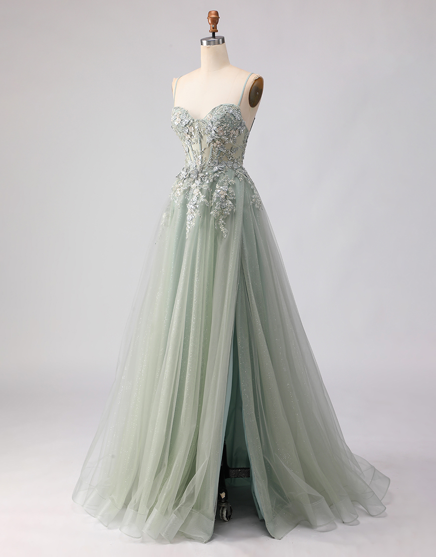 Sparkly Peach Floral A Line Tulle Long Corset Prom Dress with Beading