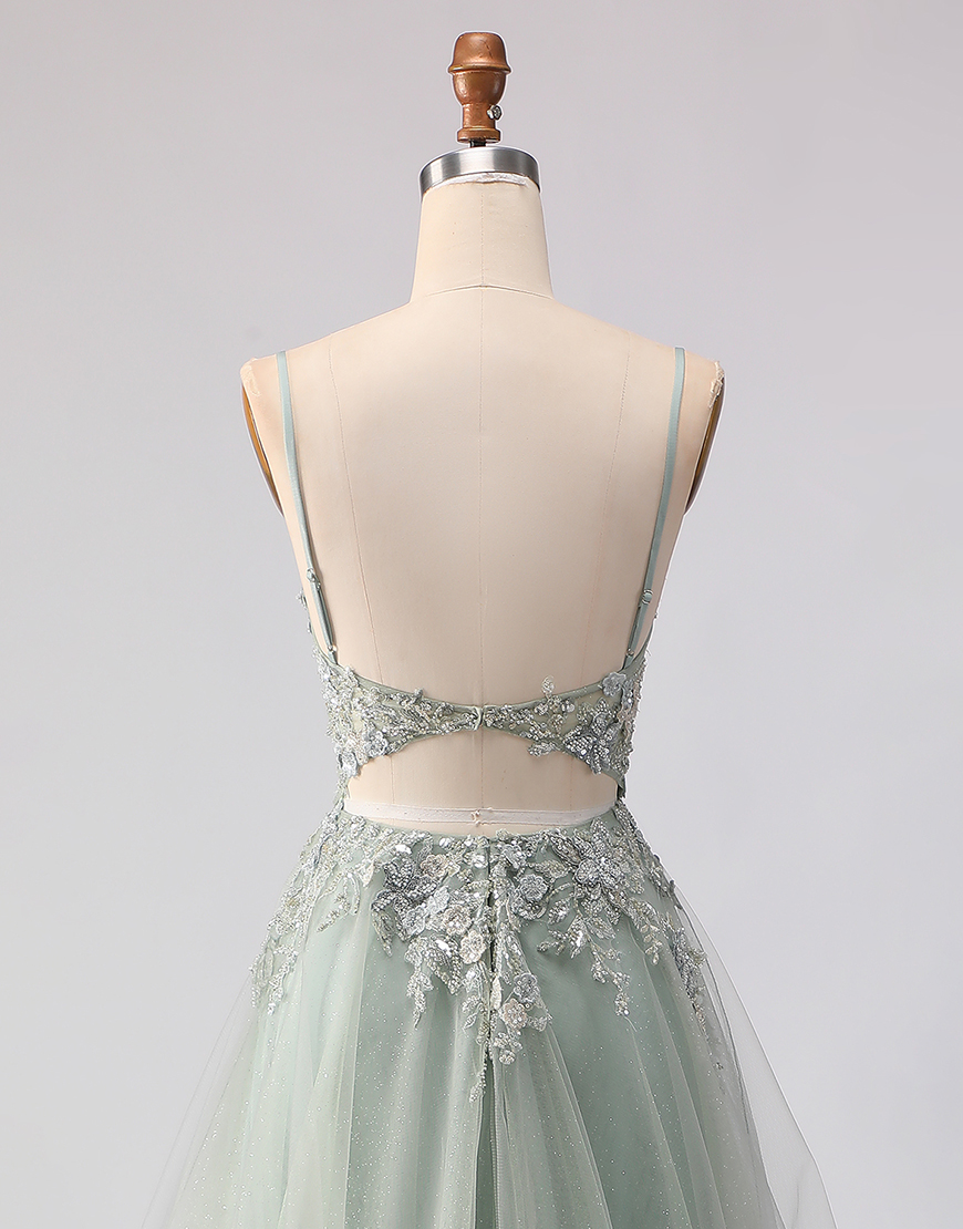 Sparkly Peach Floral A Line Tulle Long Corset Prom Dress with Beading