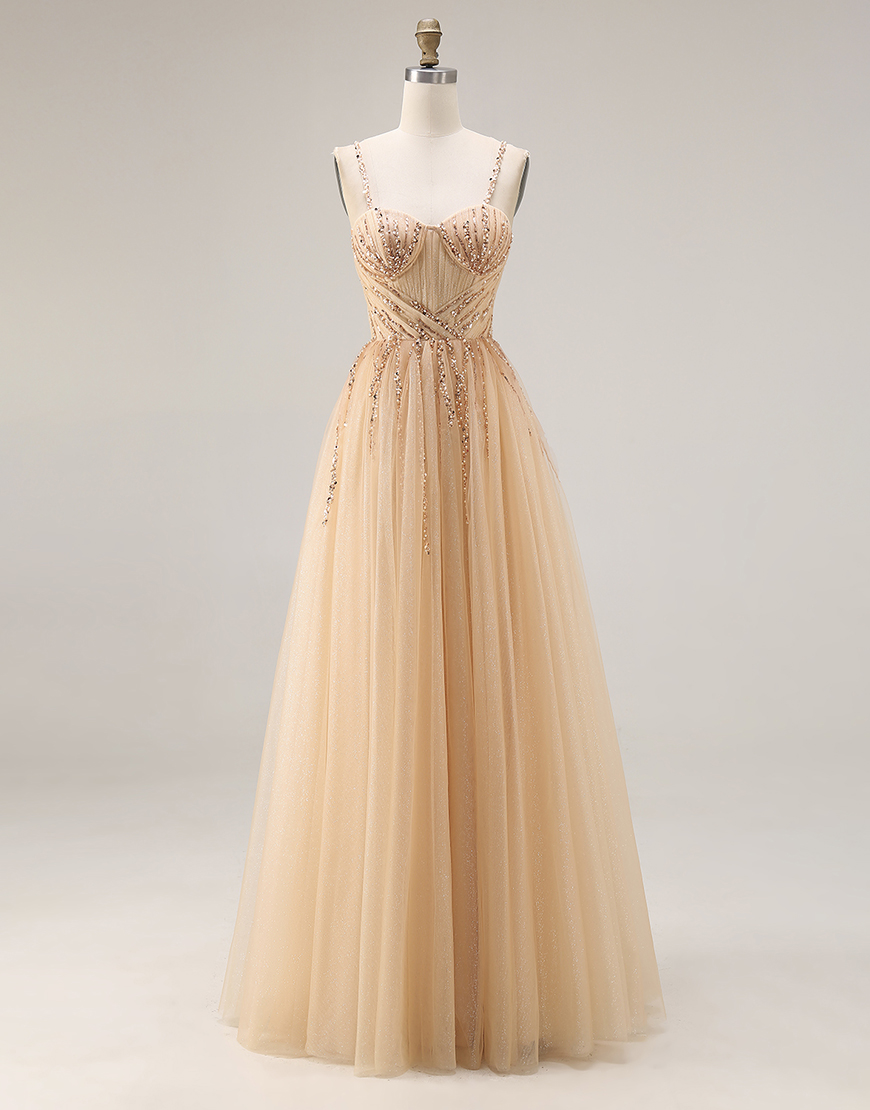 Sparkly Peach Tulle Spaghetti Straps A Line Beaded Long Prom Dress