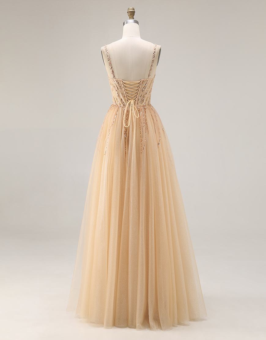 Sparkly Peach Tulle Spaghetti Straps A Line Beaded Long Prom Dress