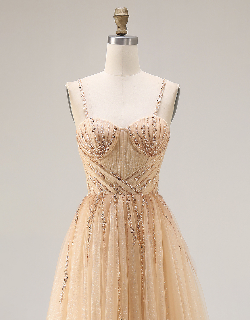 Sparkly Peach Tulle Spaghetti Straps A Line Beaded Long Prom Dress