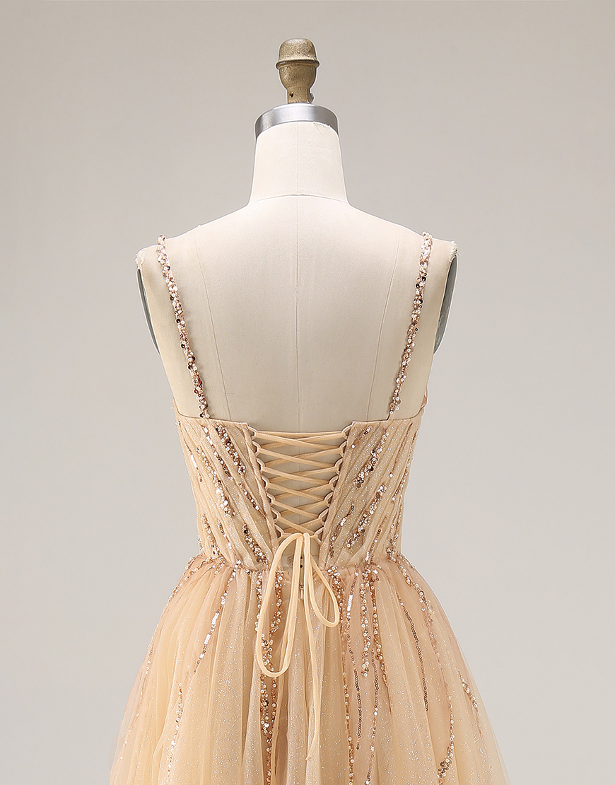 Sparkly Peach Tulle Spaghetti Straps A Line Beaded Long Prom Dress