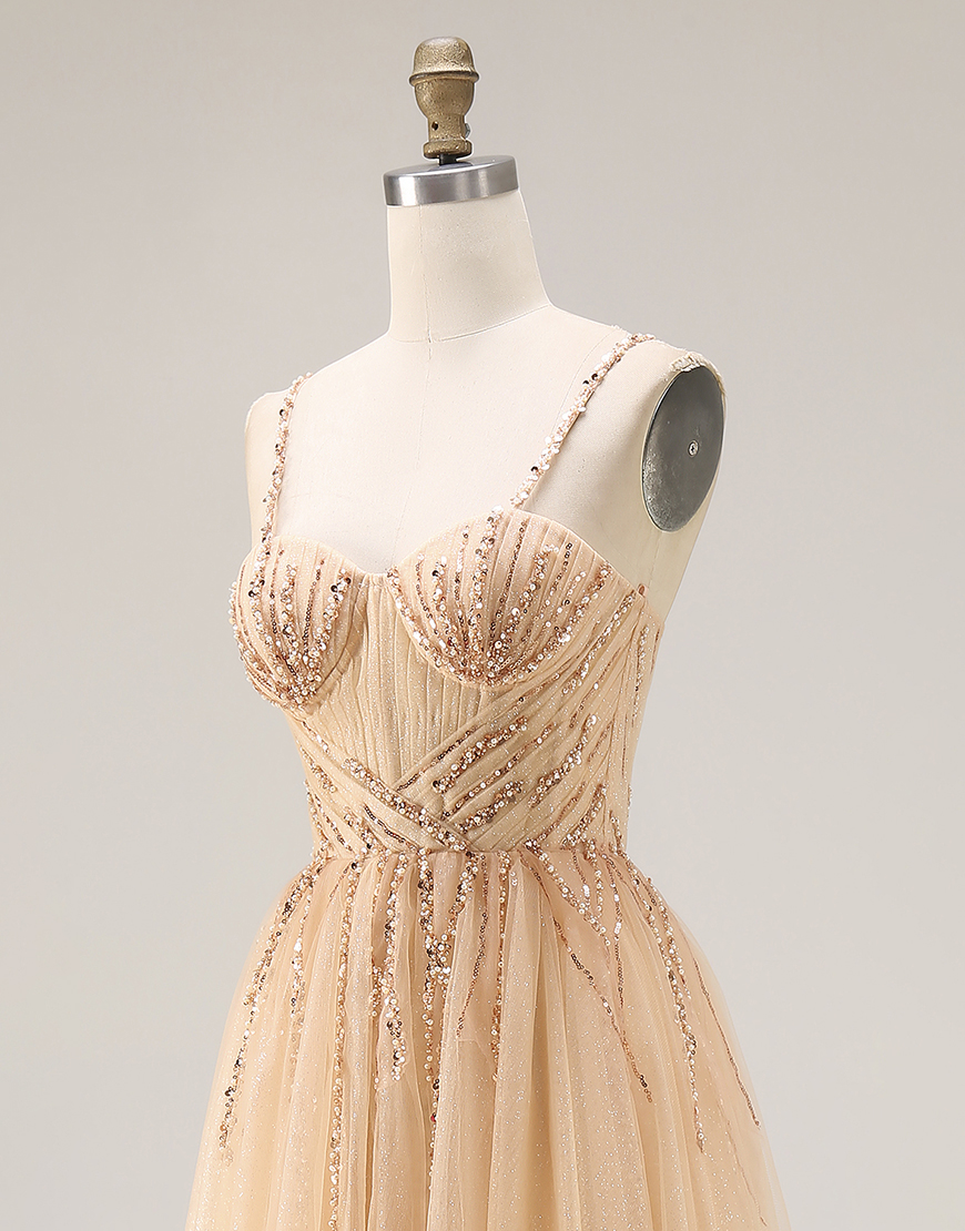 Sparkly Peach Tulle Spaghetti Straps A Line Beaded Long Prom Dress
