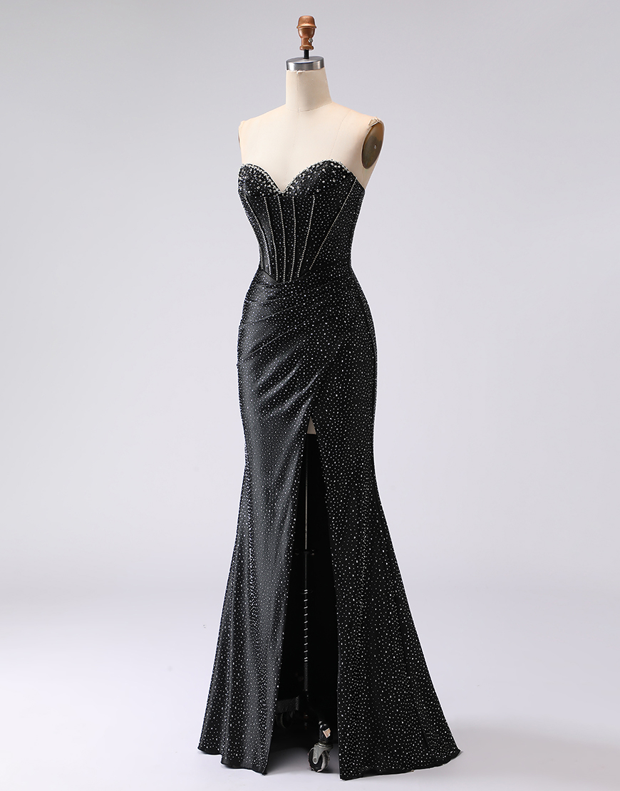 Sparkly Black Mermaid Sweetheart Long Corset Prom Dress with Beading