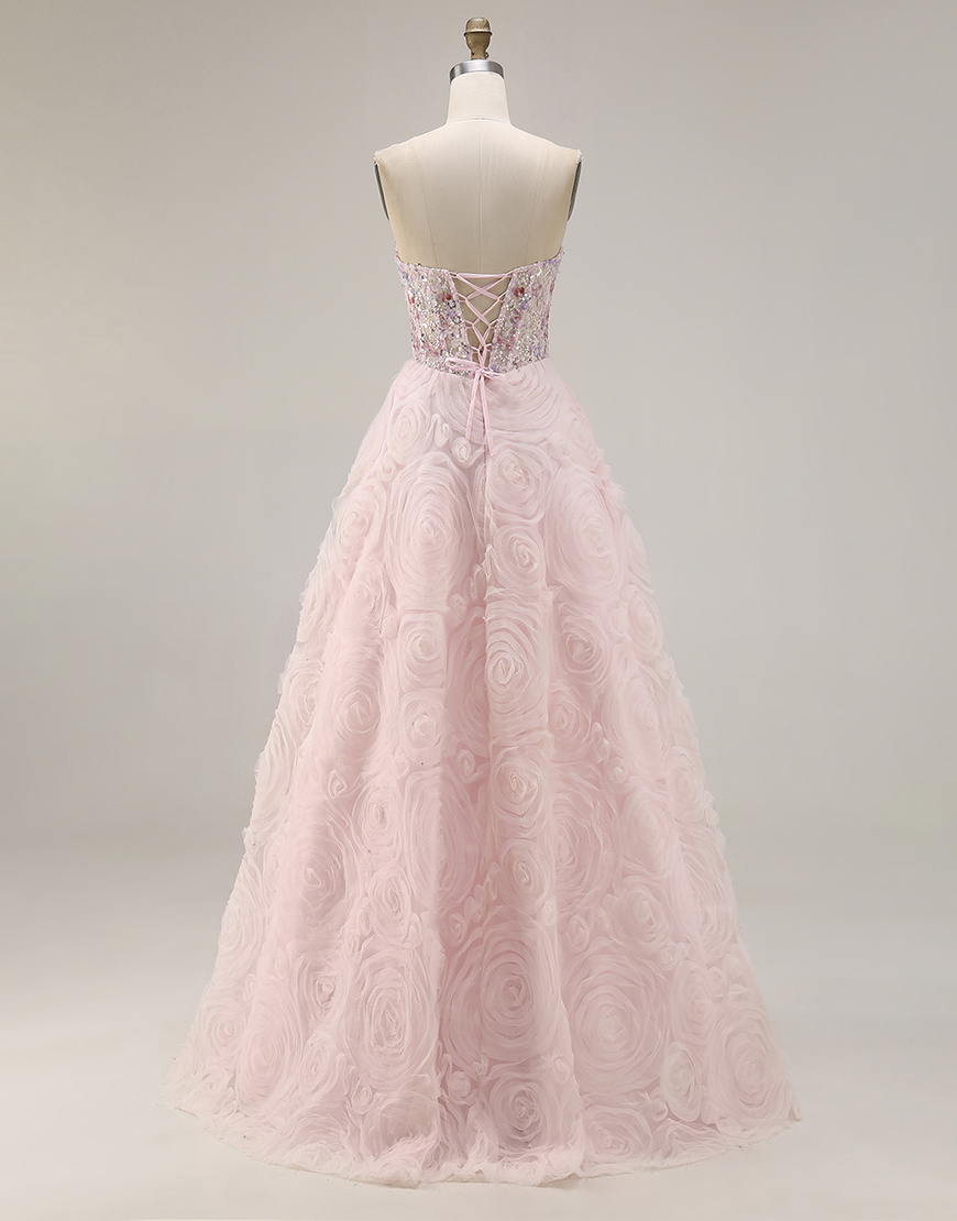 Sparkly Pink A Line Tulle Floral Long Corset Prom Dress with Beading