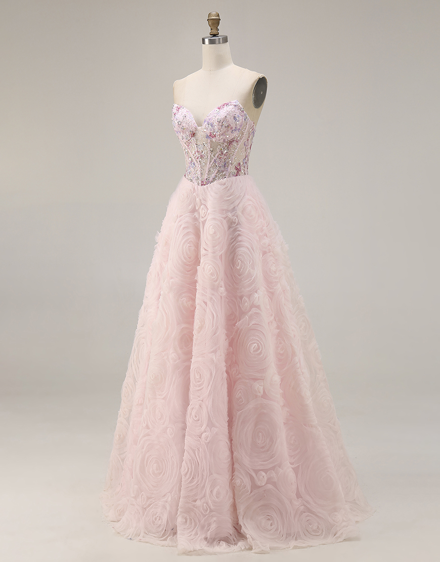 Sparkly Pink A Line Tulle Floral Long Corset Prom Dress with Beading
