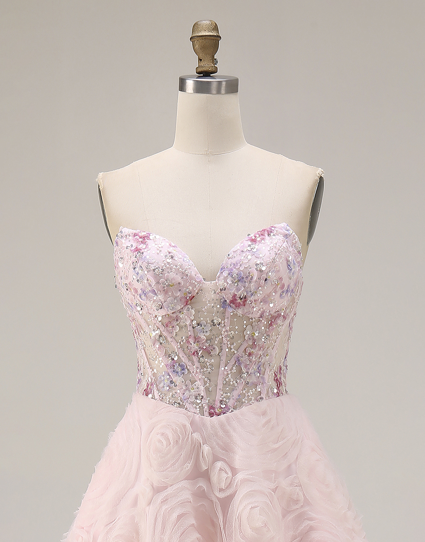 Sparkly Pink A Line Tulle Floral Long Corset Prom Dress with Beading