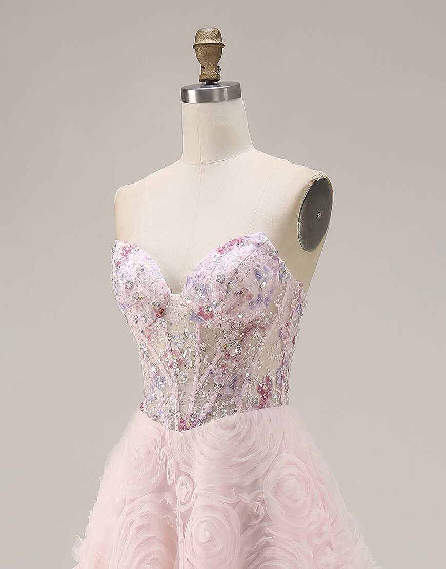 Sparkly Pink A Line Tulle Floral Long Corset Prom Dress with Beading