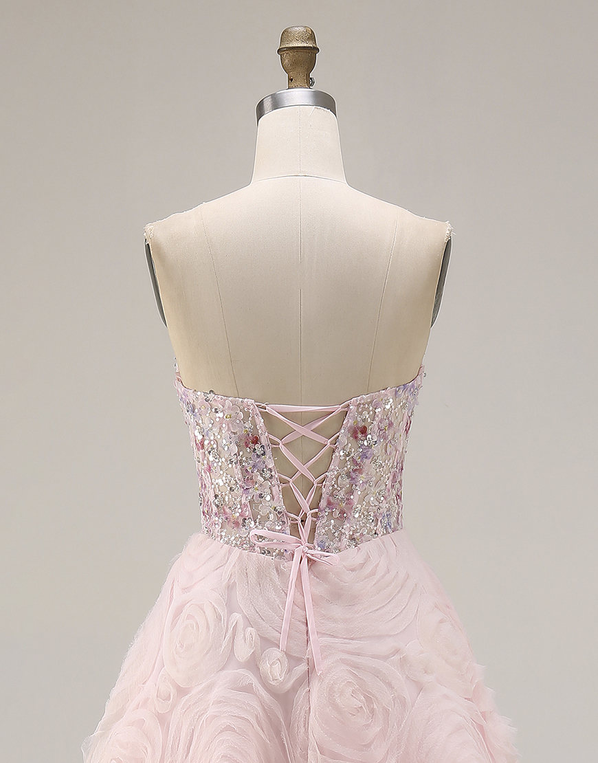 Sparkly Pink A Line Tulle Floral Long Corset Prom Dress with Beading