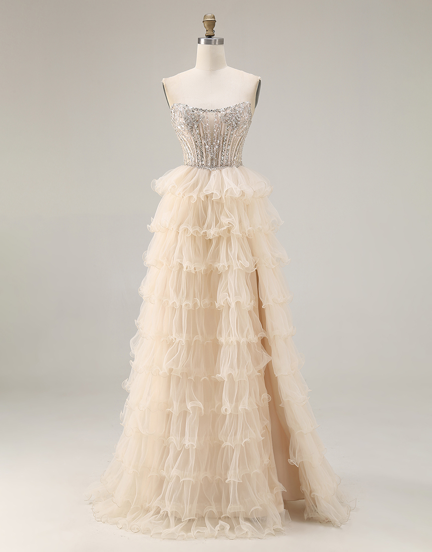 Sparkly Apricot Beaded A Line Tiered Long Corset Prom Dress with Slit
