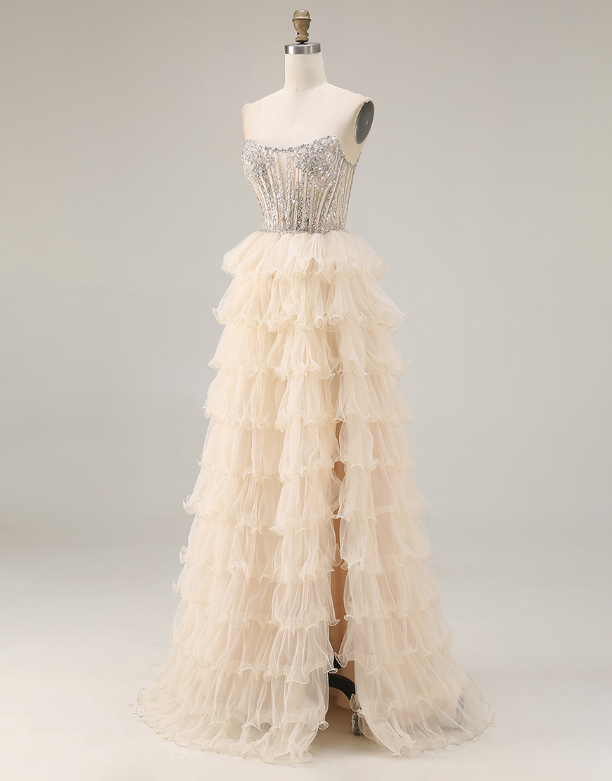 Sparkly Apricot Beaded A Line Tiered Long Corset Prom Dress with Slit