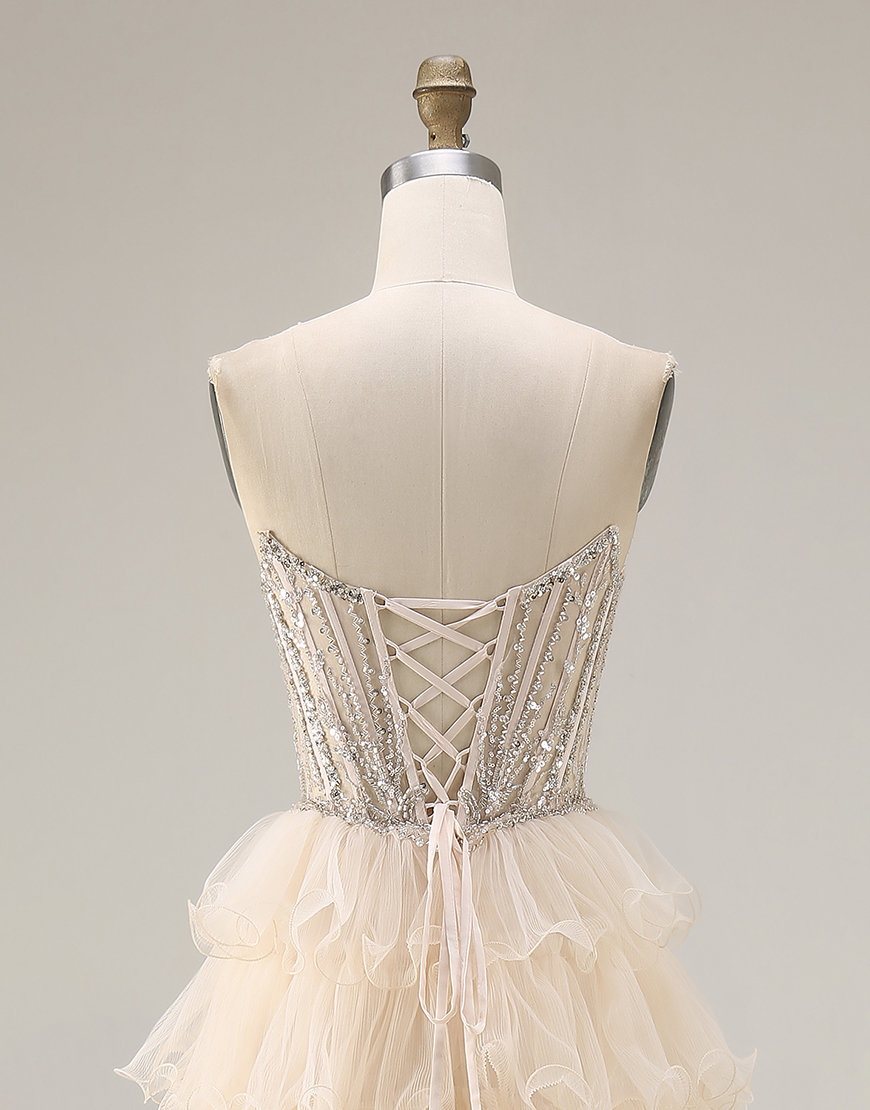 Sparkly Apricot Beaded A Line Tiered Long Corset Prom Dress with Slit