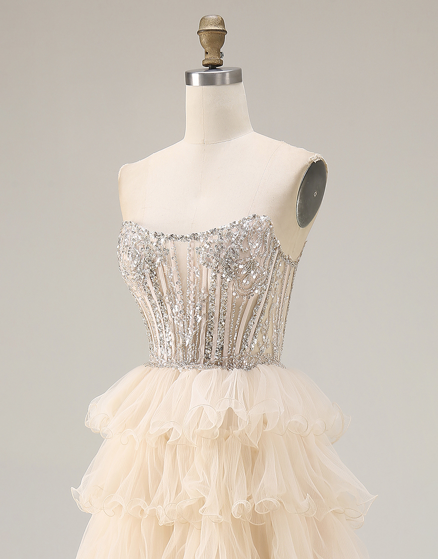 Sparkly Apricot Beaded A Line Tiered Long Corset Prom Dress with Slit