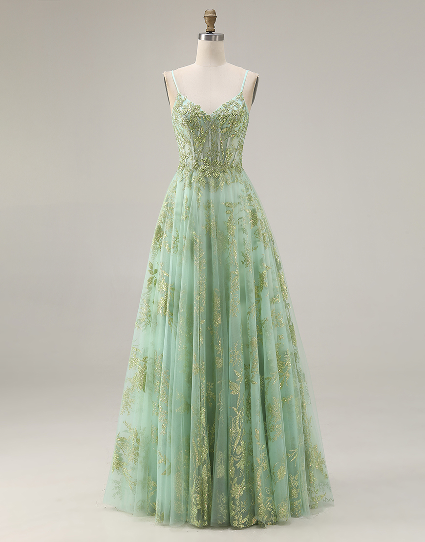 Sparkly Green Corset A Line Floral Spaghetti Straps Long Prom Dress