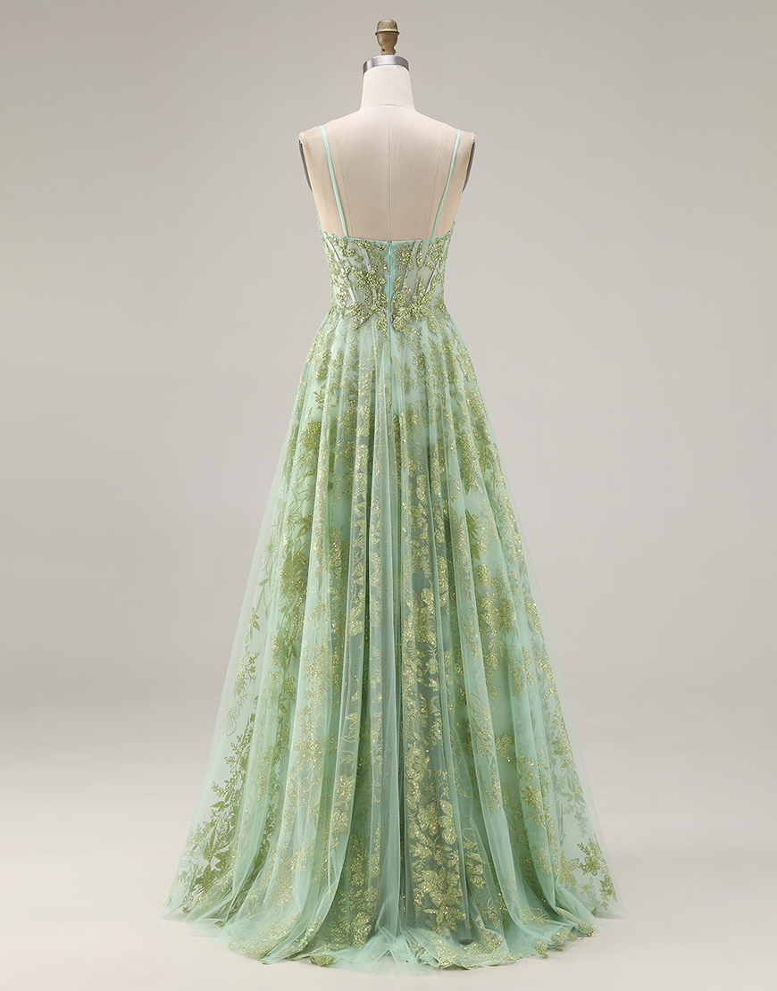Sparkly Green Corset A Line Floral Spaghetti Straps Long Prom Dress