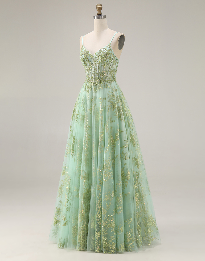 Sparkly Green Corset A Line Floral Spaghetti Straps Long Prom Dress