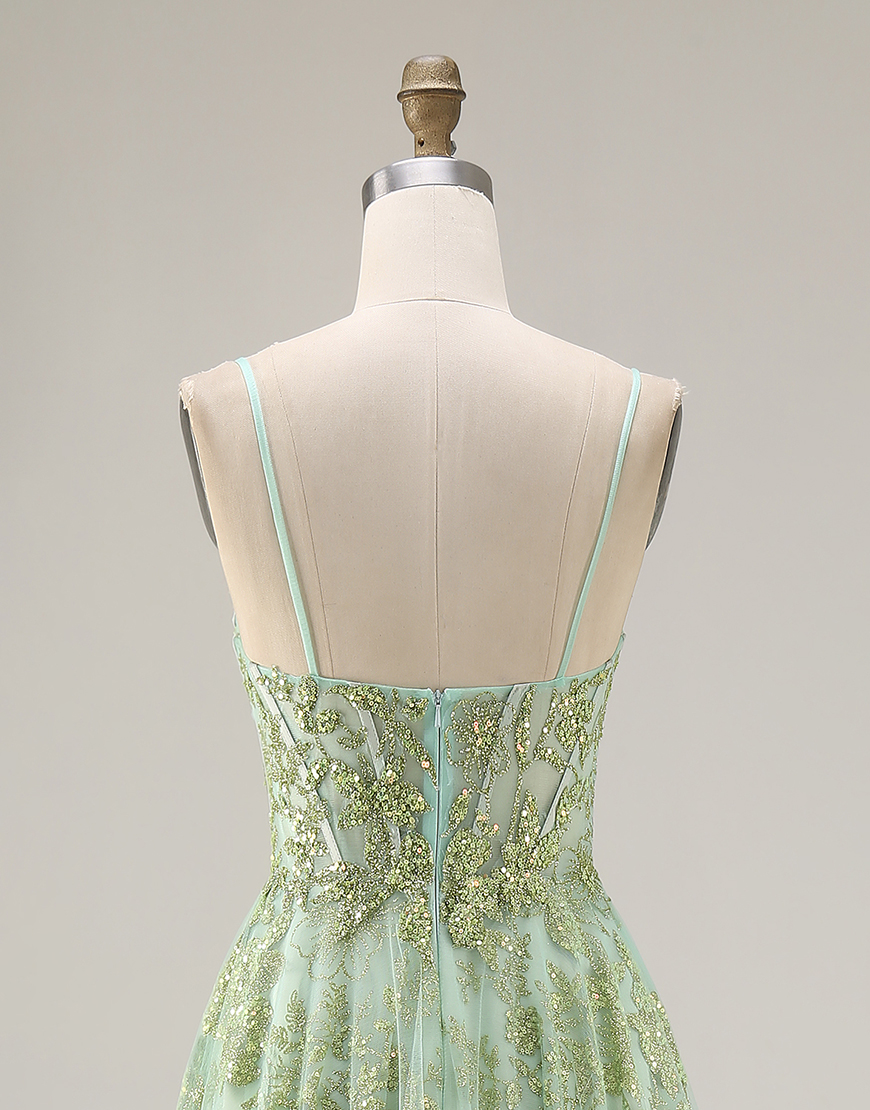 Sparkly Green Corset A Line Floral Spaghetti Straps Long Prom Dress