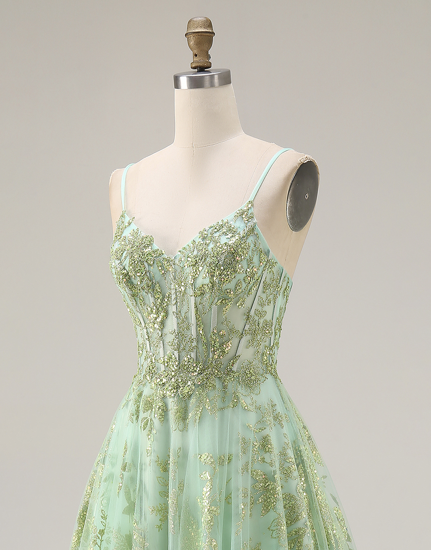 Sparkly Green Corset A Line Floral Spaghetti Straps Long Prom Dress
