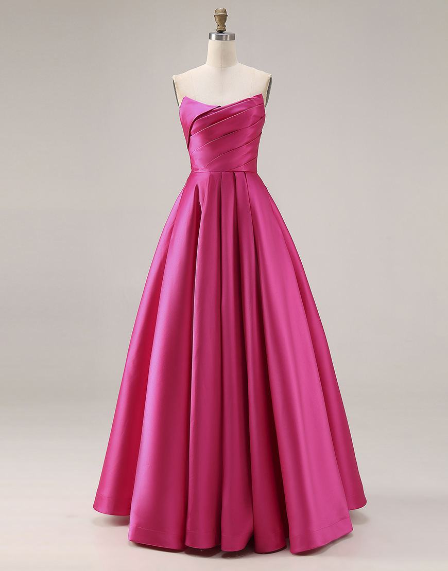 Simple Fuchsia Satin Strapless A Line Long Prom Dress