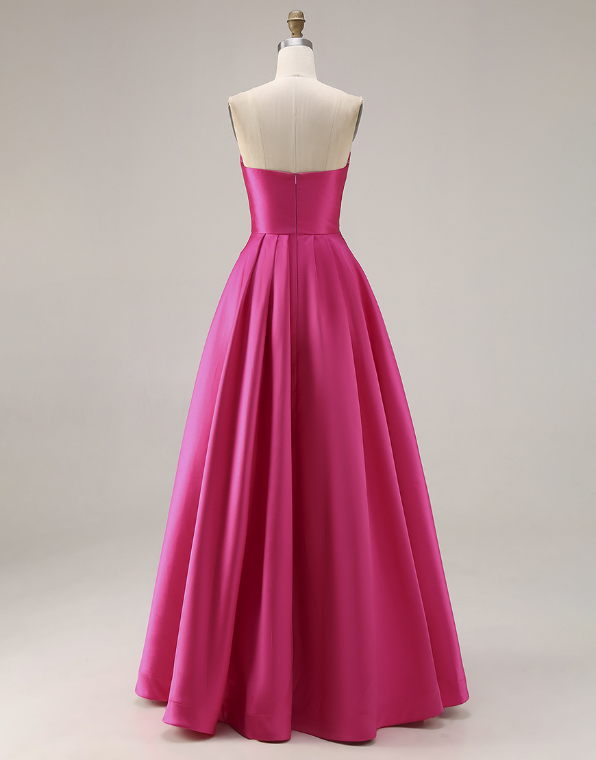 Simple Fuchsia Satin Strapless A Line Long Prom Dress