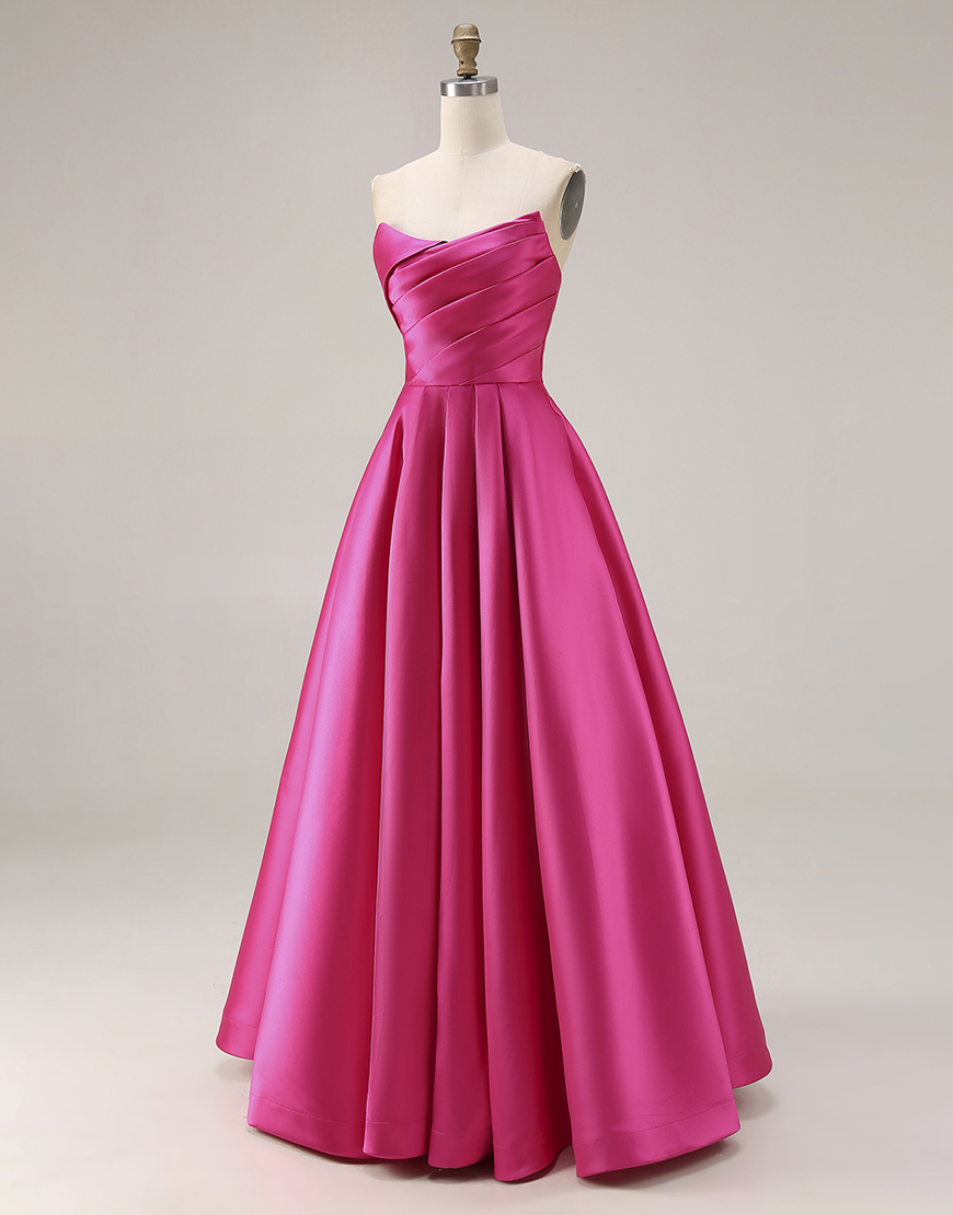 Simple Fuchsia Satin Strapless A Line Long Prom Dress