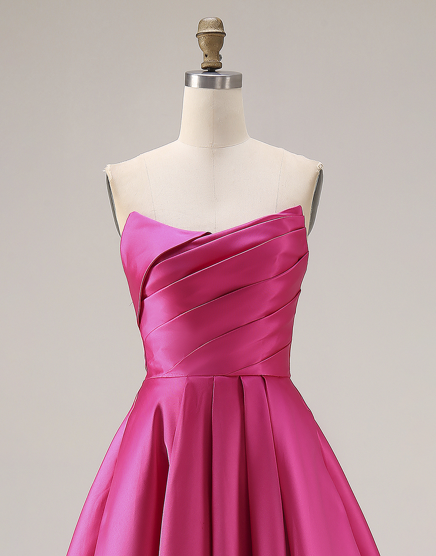 Simple Fuchsia Satin Strapless A Line Long Prom Dress
