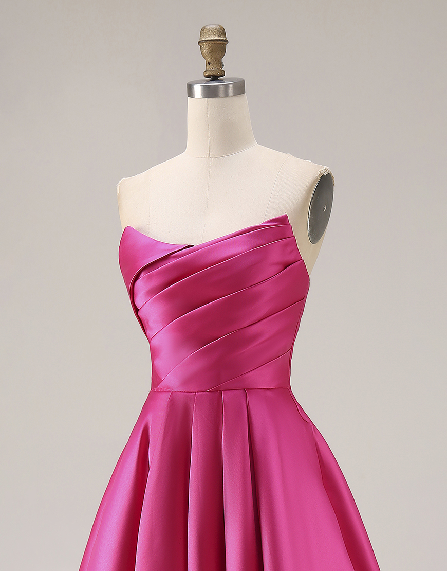 Simple Fuchsia Satin Strapless A Line Long Prom Dress