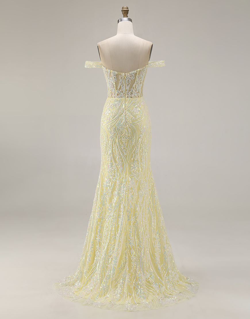 Sparkly Light Yellow Floral Sequins Mermaid Long Corset Prom Dress with Slit