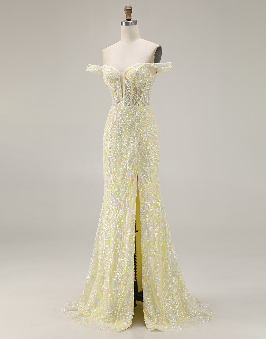 Sparkly Light Yellow Floral Sequins Mermaid Long Corset Prom Dress with Slit