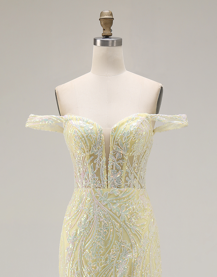 Sparkly Light Yellow Floral Sequins Mermaid Long Corset Prom Dress with Slit