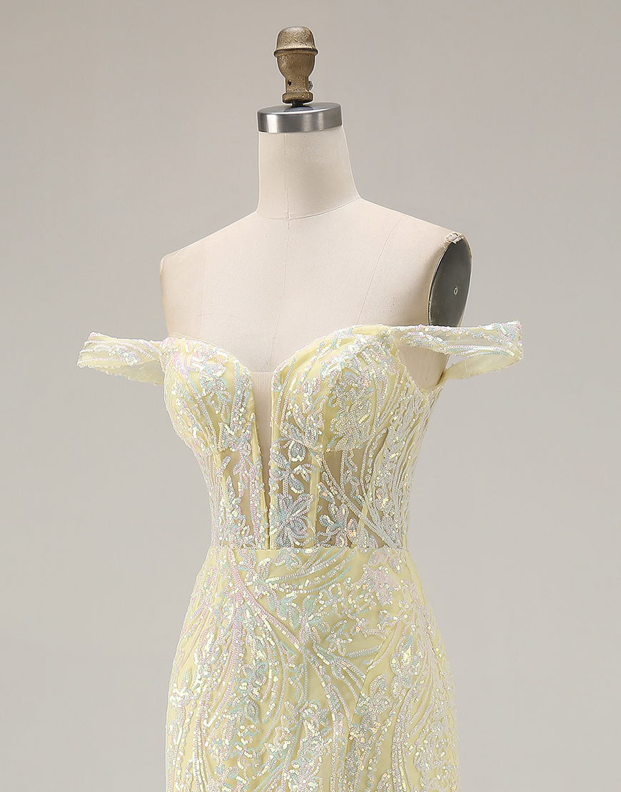 Sparkly Light Yellow Floral Sequins Mermaid Long Corset Prom Dress with Slit