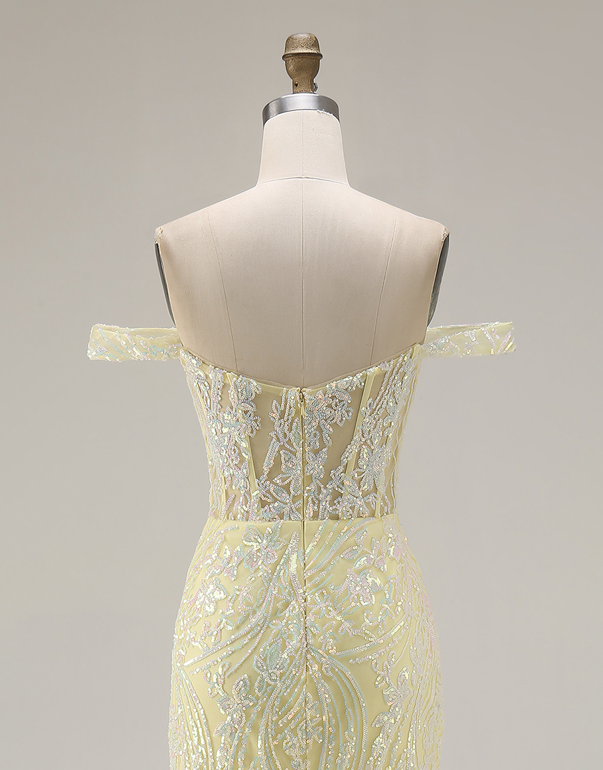 Sparkly Light Yellow Floral Sequins Mermaid Long Corset Prom Dress with Slit