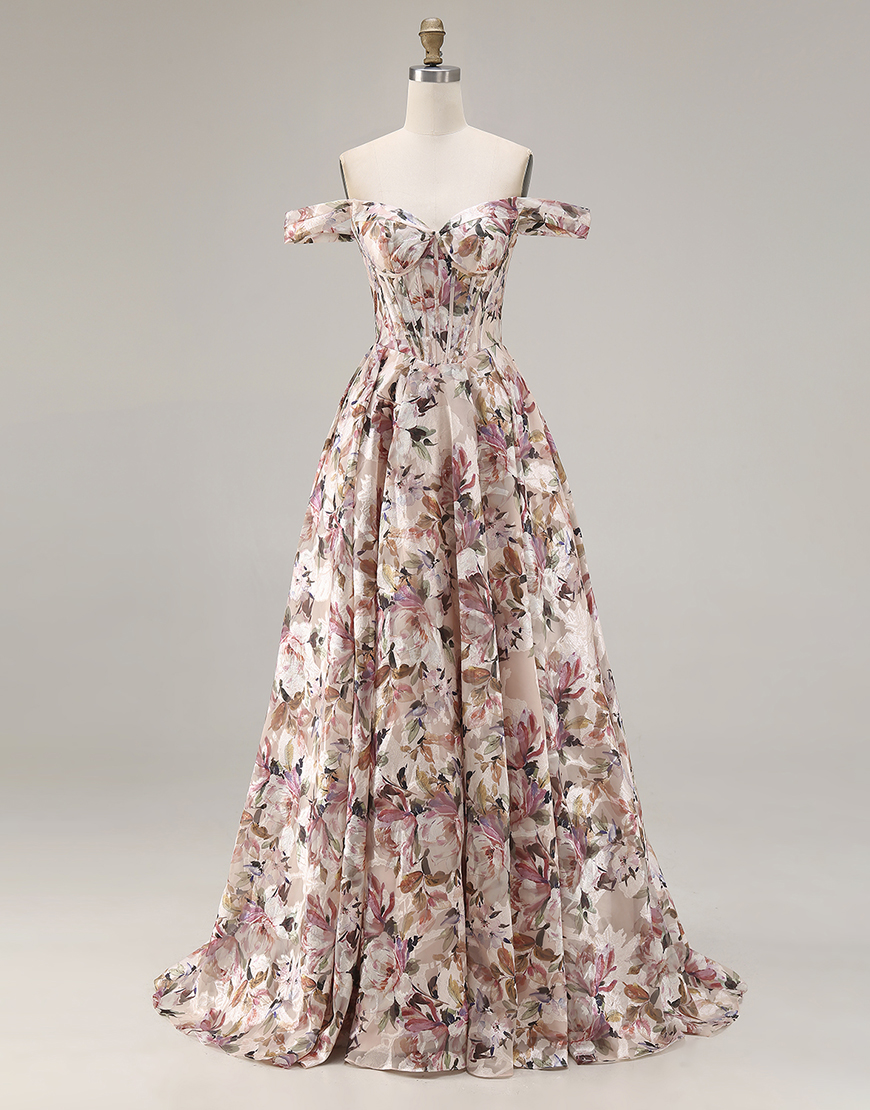 Desert Rose Floral Off the Shoulder A Line Long Corset Prom Dress