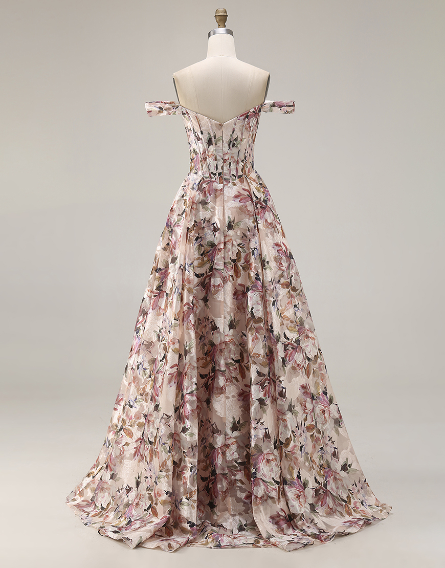 Desert Rose Floral Off the Shoulder A Line Long Corset Prom Dress